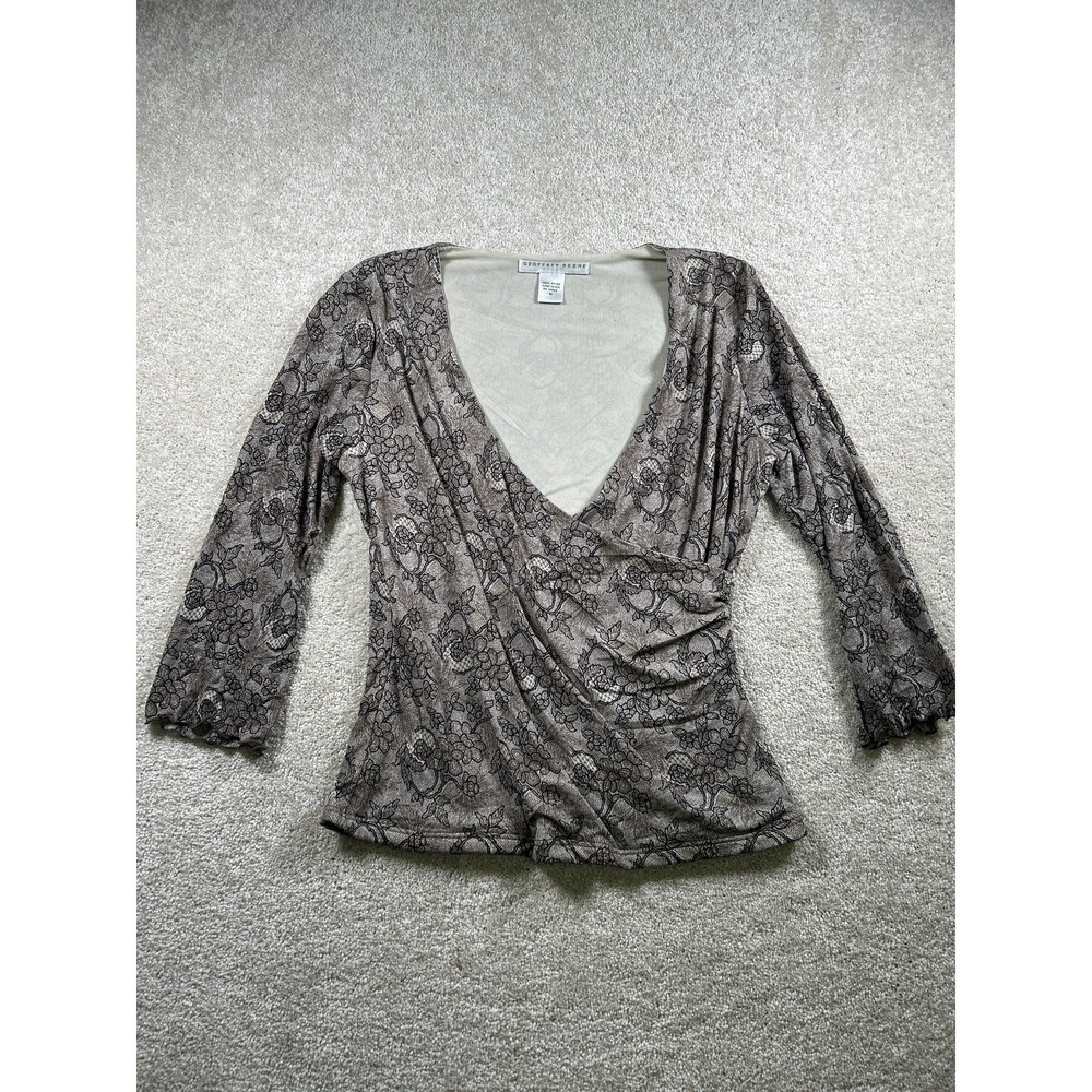 Geoffrey Beene Top Womens Medium Brown Black Floral Lace Sheer Nylon Shirt USA